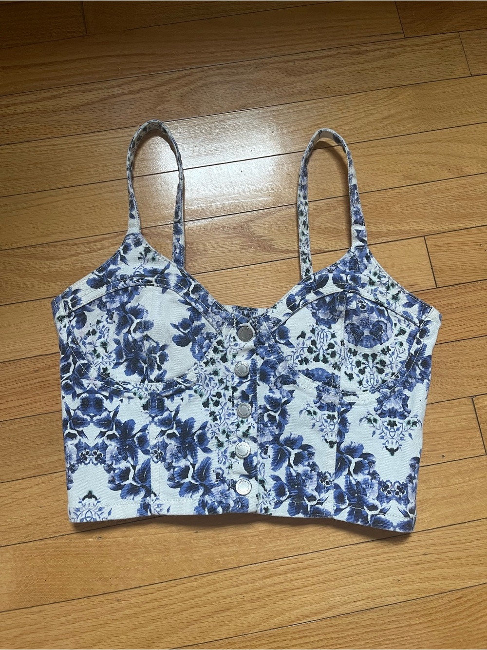 Blue Floral Button-Front Bustier Crop Top